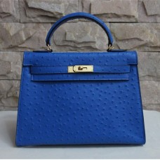 Hermes Kelly 32cm Ostrich Vein Handbag Blue Golden